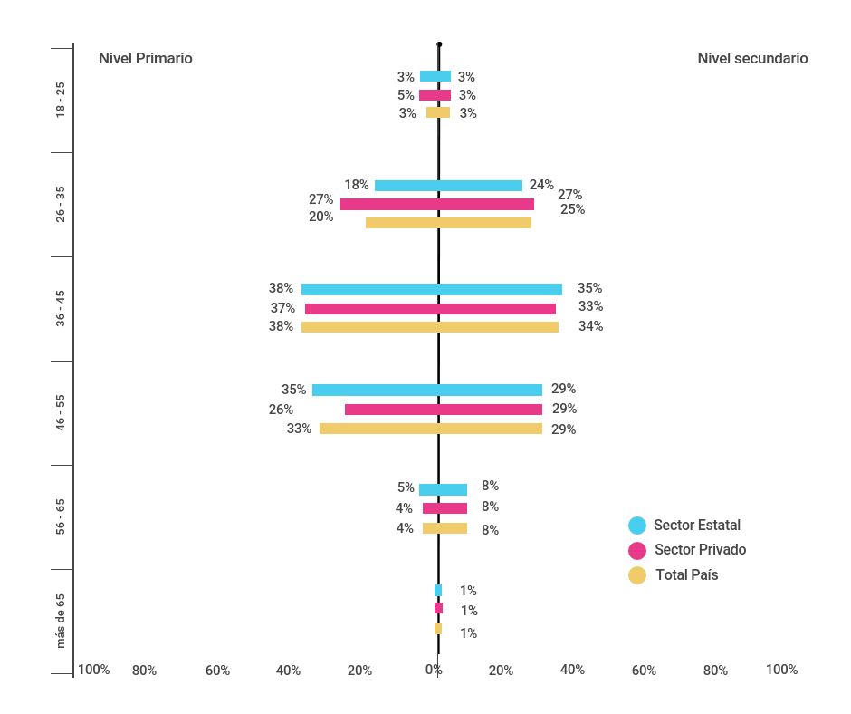 Porcentaje de docentes de nivel primario (6º grado) y nivel secundario (5º/6º año) de escuelas del sector estatal y privado según rangos de edad