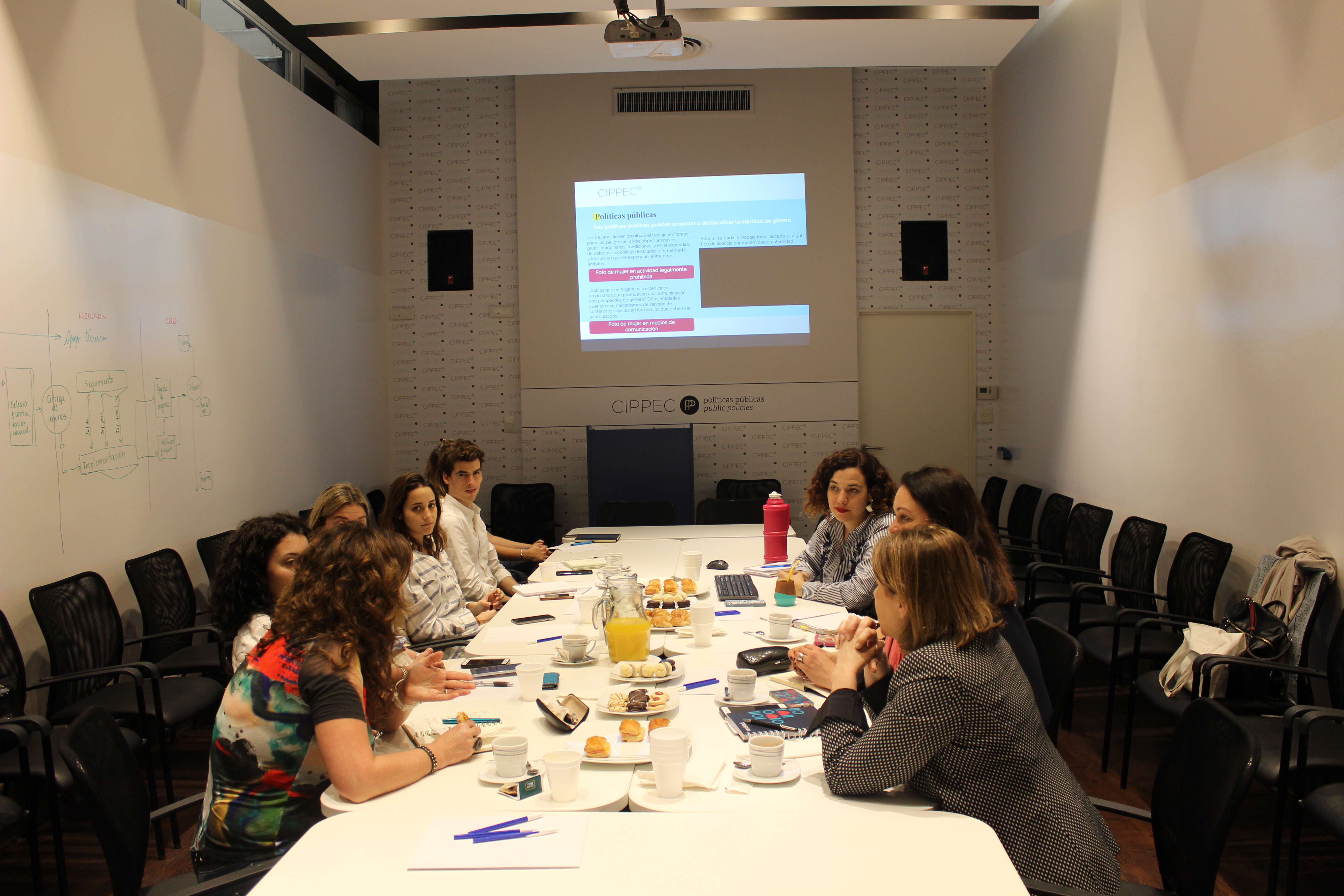 Segunda reunión del consorcio de empresas y socios estratégicos que apoyan el proyecto insignia "Mujeres en el mercado de trabajo: una deuda y una oportunidad" en el auditorio de CIPPEC. En la imagen hay 9 personas dialogando 