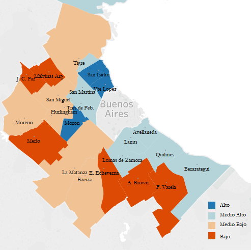 Gráfico 2. Mapa coloreado del conurbano bonaerense sobre el agrupamiento de los municipios según progreso social