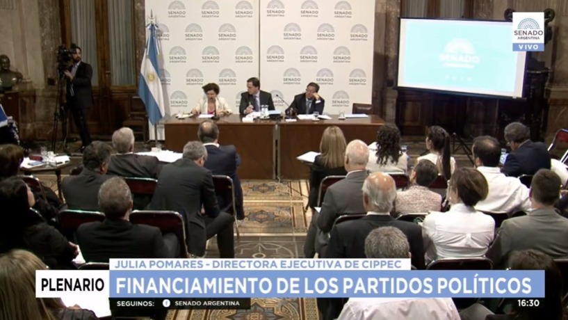 Imagen del plenario sobre el financiamiento de los partidos políticos en el Senado de la Nación argentino